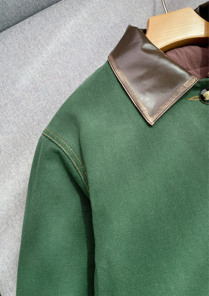 Leather Collar Casual Denim Green  Jacket