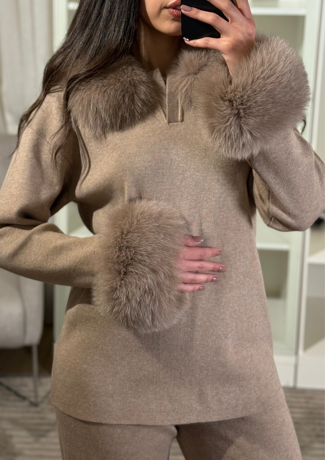 Velora Real Fox Fur Knit Lounge Set - Removable Fur Cuff & Neck