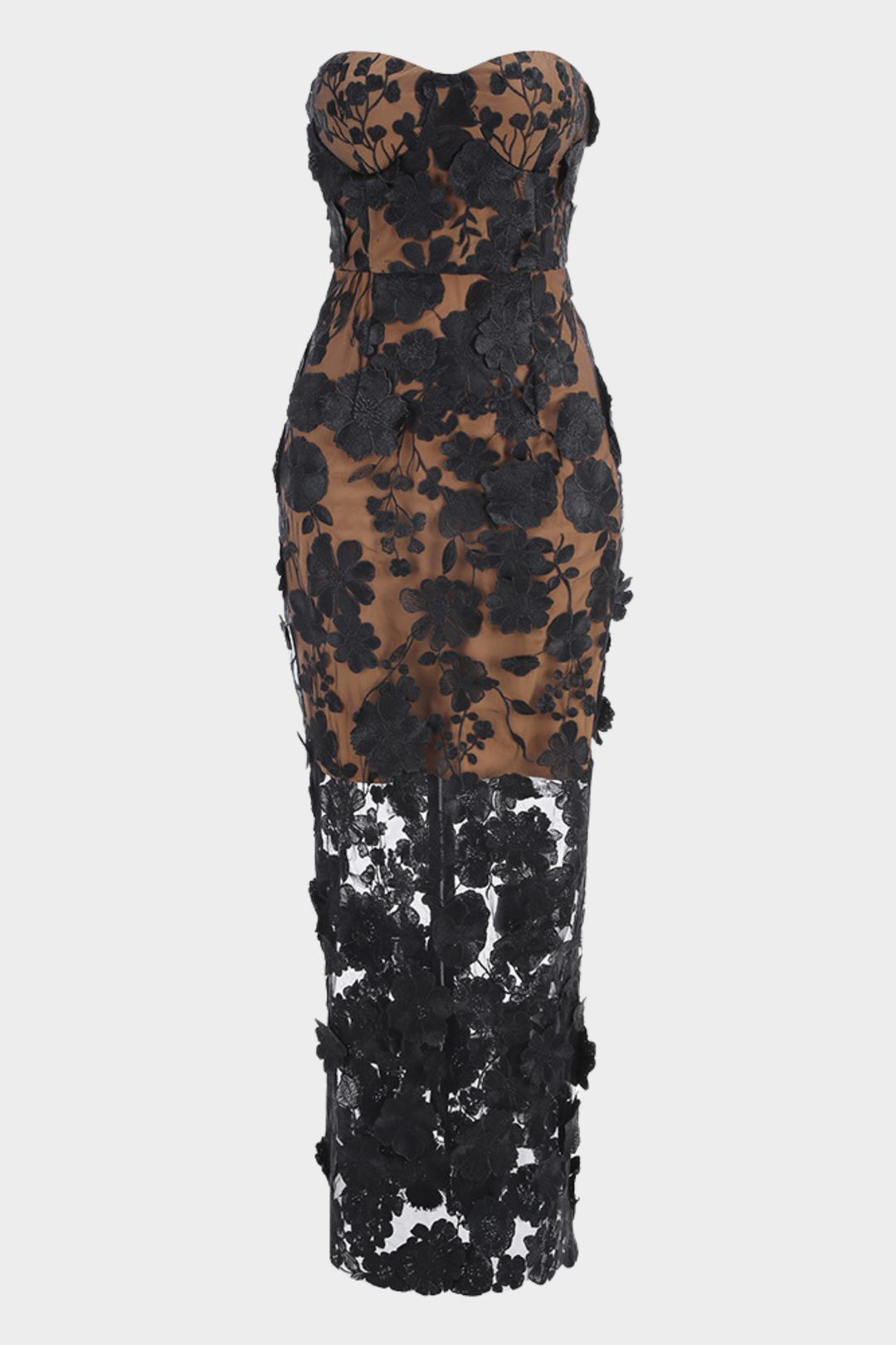 Noir Chic Floral Mesh Maxi Strapless Maxi Dress