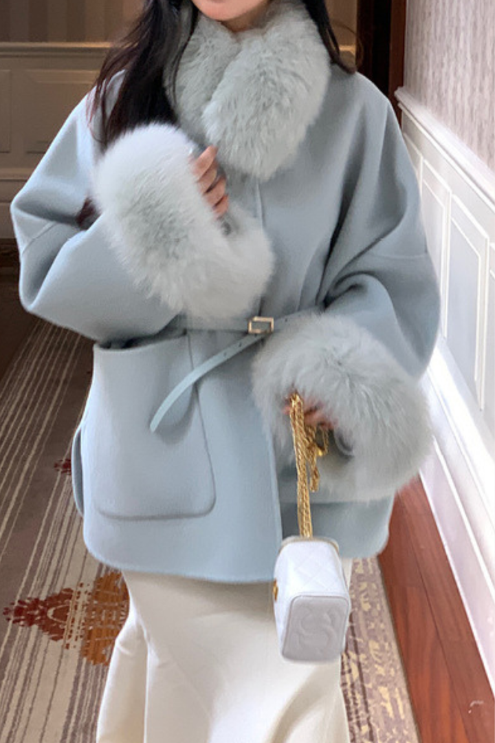 Luxe Double Faced Fox Fur Cuffs Wool Coat