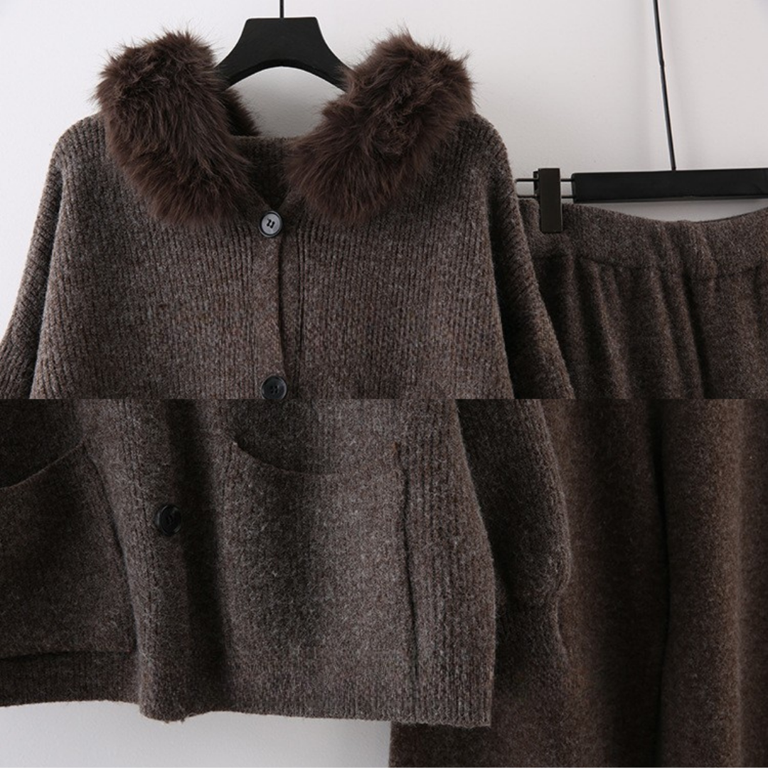 Comfy Gia Fur Collar Wide Leg Hooded Knit Set