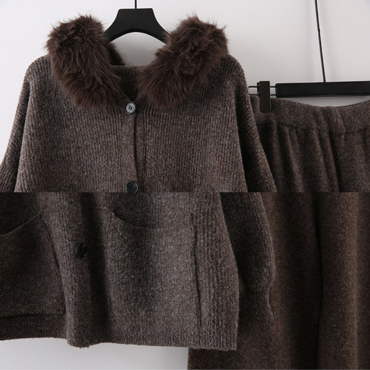 Comfy Gia Fur Collar Wide Leg Hooded Knit Set