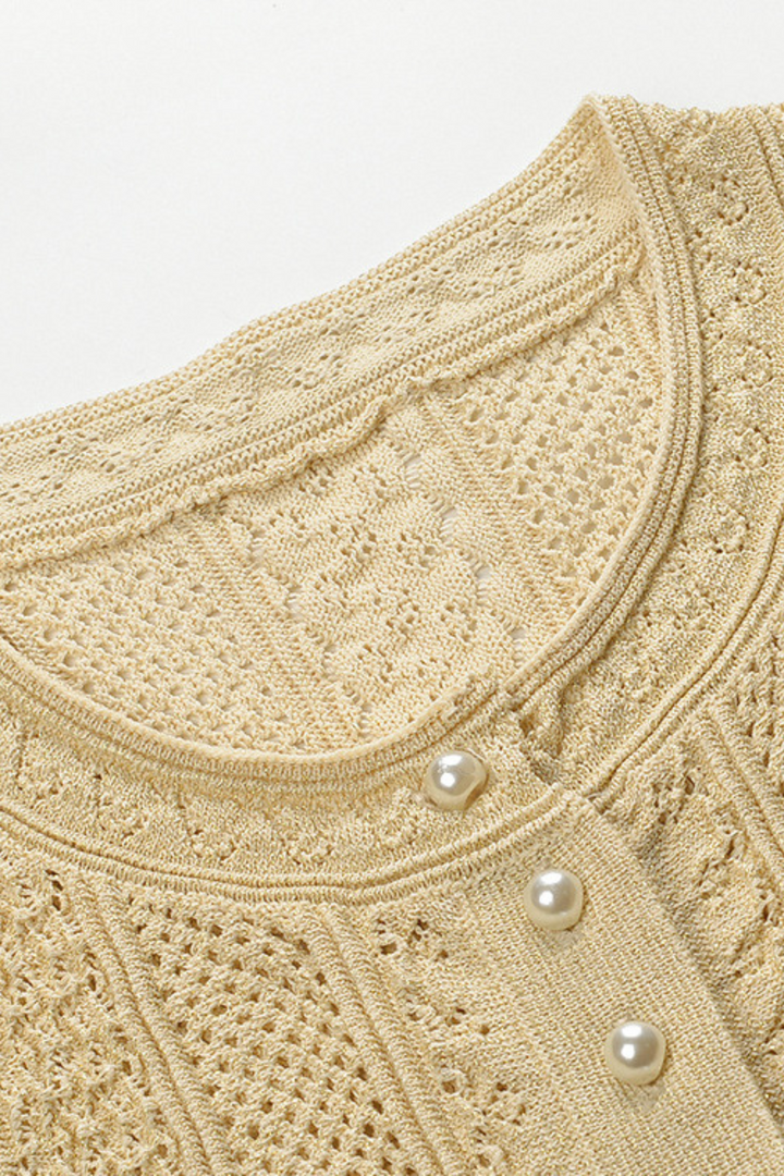 Beige Hollow Knitted Viscose Pearl Button Cardigan & Maxi Skirt Set