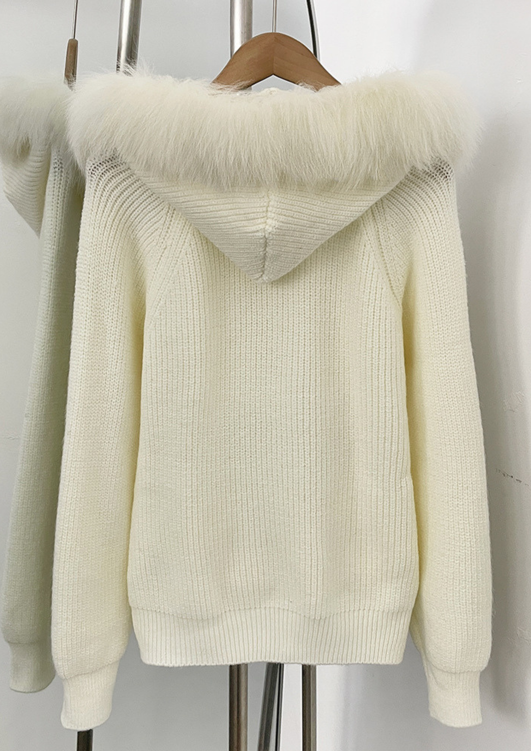Ivory Fox Fur Trim Hooded Knit Jacket Top