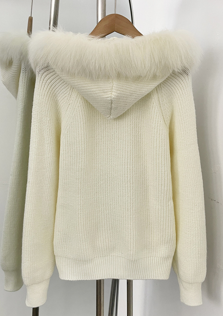Ivory Fox Fur Trim Hooded Knit Jacket Top