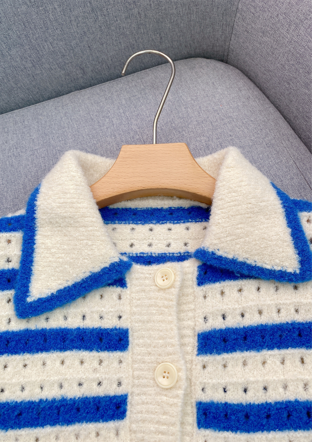 Striped Soft Wool Knit Collared Cardigan