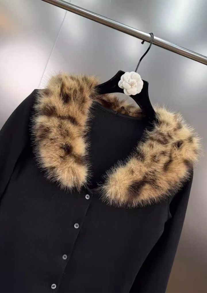 Plush Leopard Fur V Neck Knit Cardigan Top