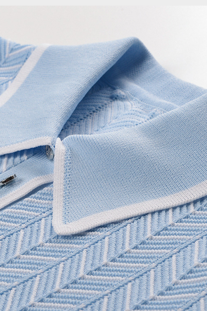 Skyline Chevron Viscose Polo Knit  Light Blue Textured Top
