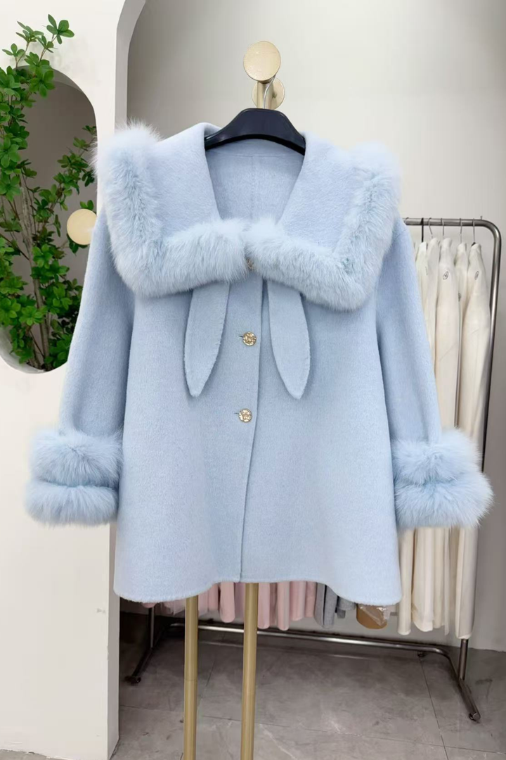 Pastel Plush Fur Collar Cuff Swing Wool Coat