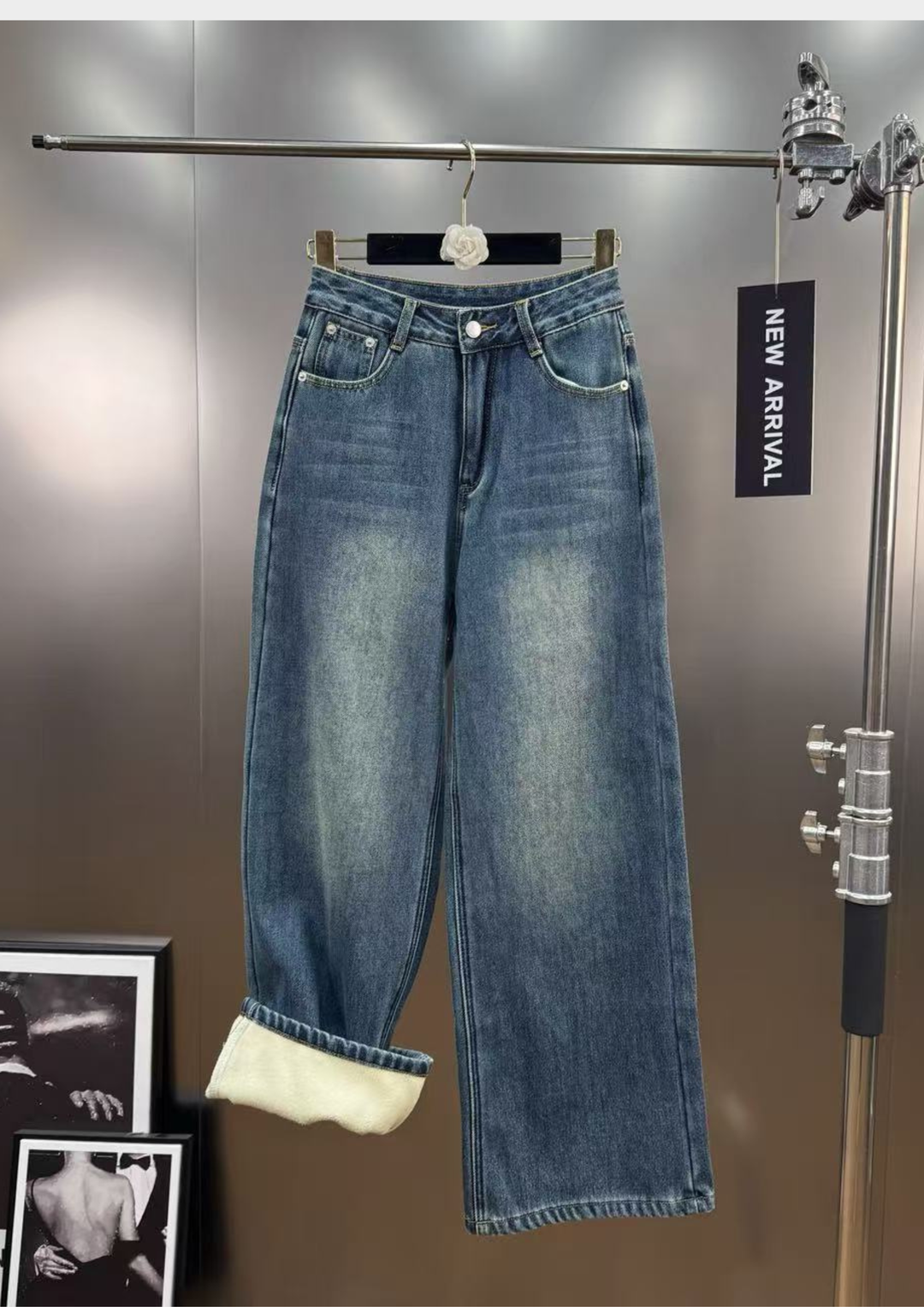 Jolie Denim Fur Collar Jacket  Fleece Lined Straight Jeans Set