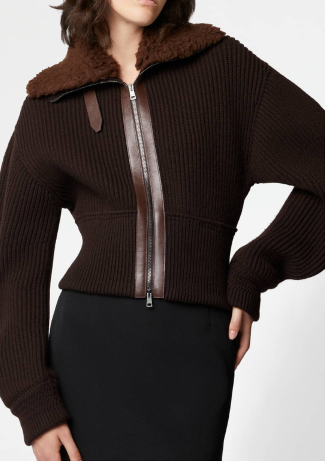 Shearling Collar Knit Zip Jacket