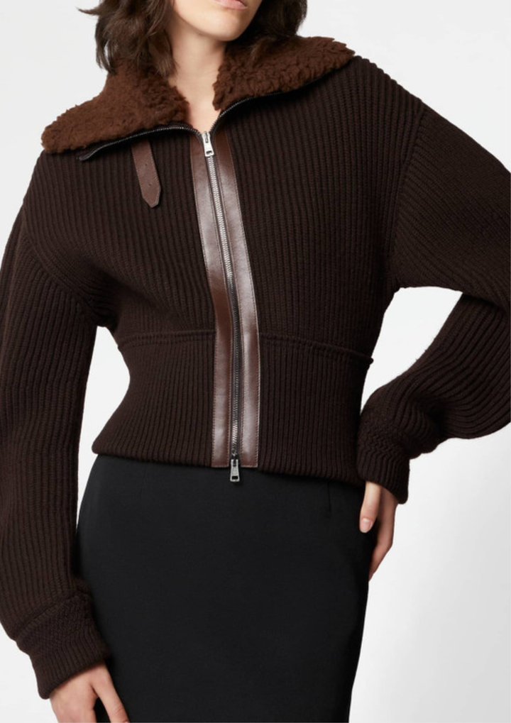 Shearling Collar Knit Zip Jacket