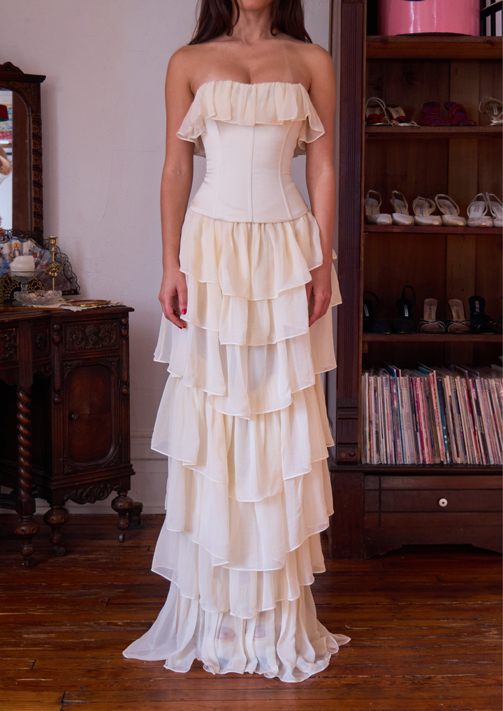 Strapless Chiffon Soft Ruffles Corset Maxi Dress