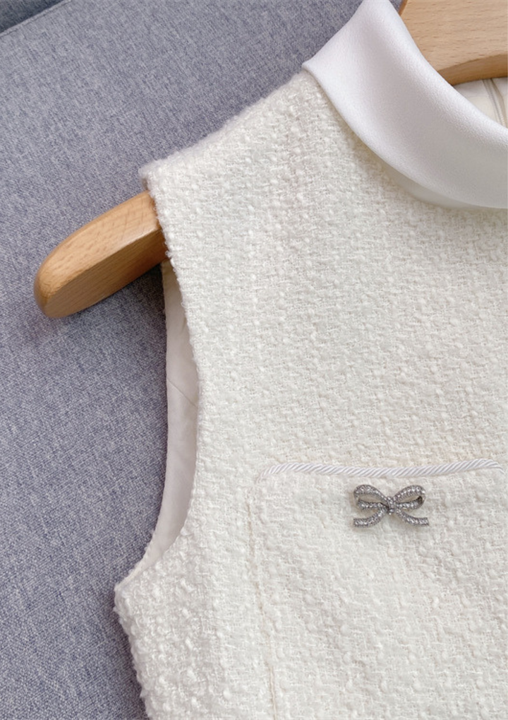 Crystal Bow Elegance Tweed Belted Pleated Maxi Dress