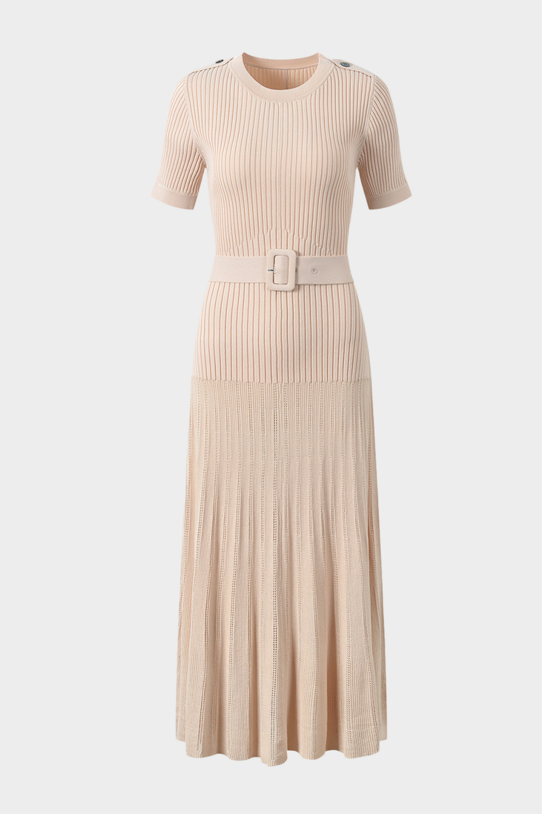 Belted Ribbed Knit  Viscose Pleated Elegance Maxi Dress