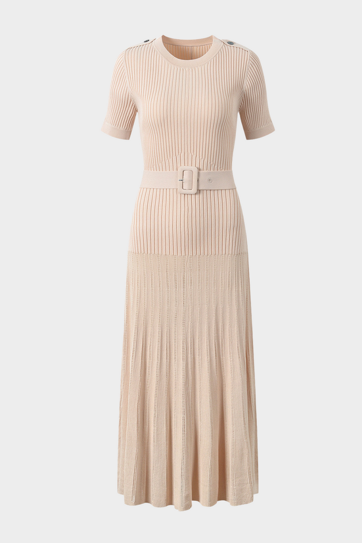 Belted Ribbed Knit  Viscose Pleated Elegance Maxi Dress