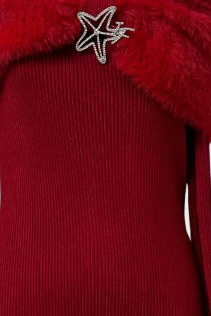 Starlight Elegance Off Shoulder Faux Fur Knit Maxi Dress