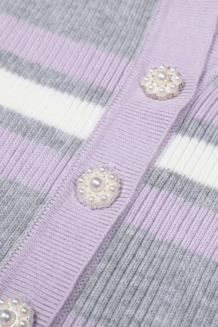 Flared Cuff Striped Knit Pearl Buttoned  Top