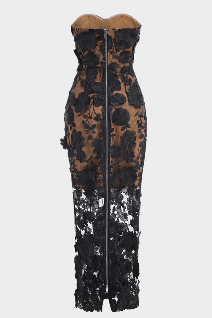 Noir Chic Floral Mesh Maxi Strapless Maxi Dress