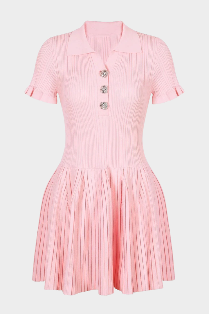 Chérie Knit Crystal Button Pleated Mini Dress