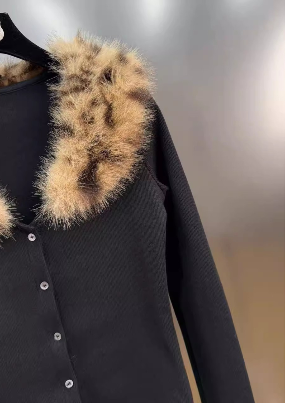 Plush Leopard Fur V Neck Knit Cardigan Top