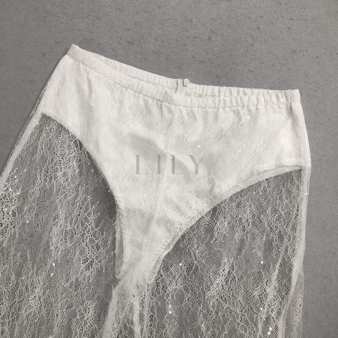 Tailored Blazer Sheer Lace Wide Leg Trouser Set