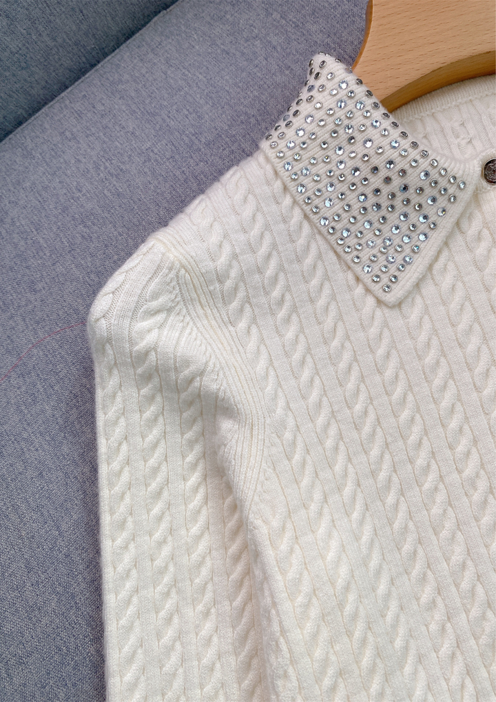 Ivory Wool Crystal Neck Knit Top