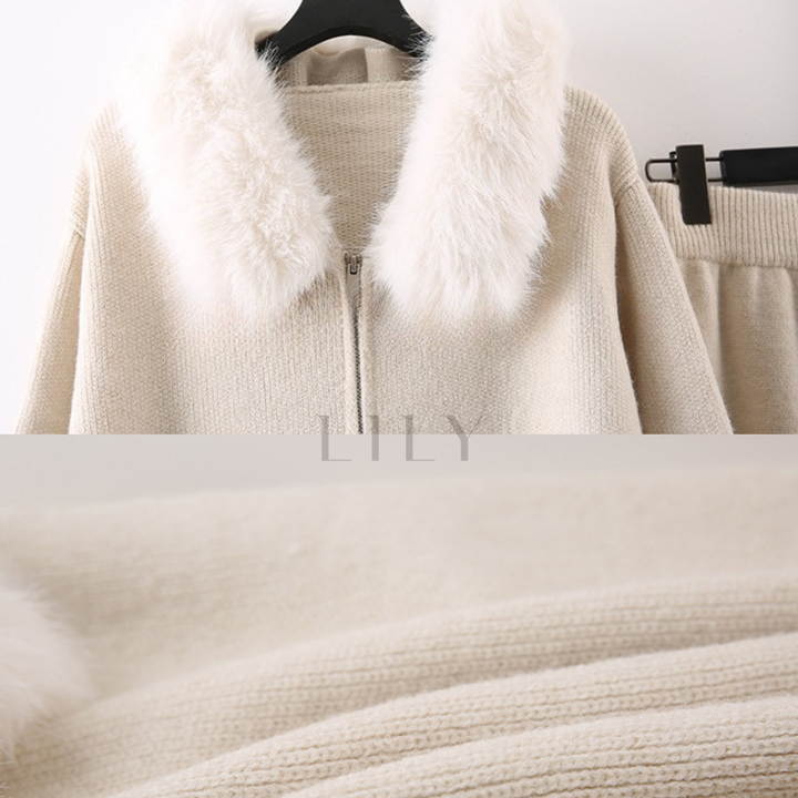 Comfy Lily Fur Trim Zip Hooded Knit Set