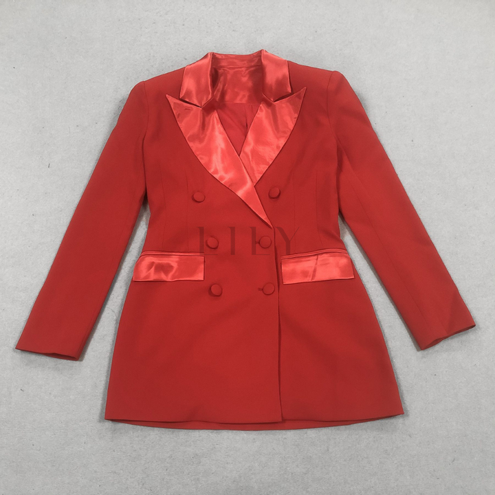 Scarlet Silk Lapelled Satin Blazer Dress