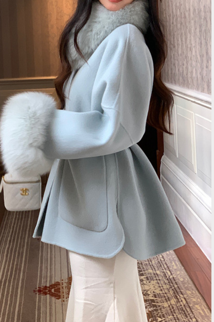 Luxe Double Faced Fox Fur Cuffs Wool Coat
