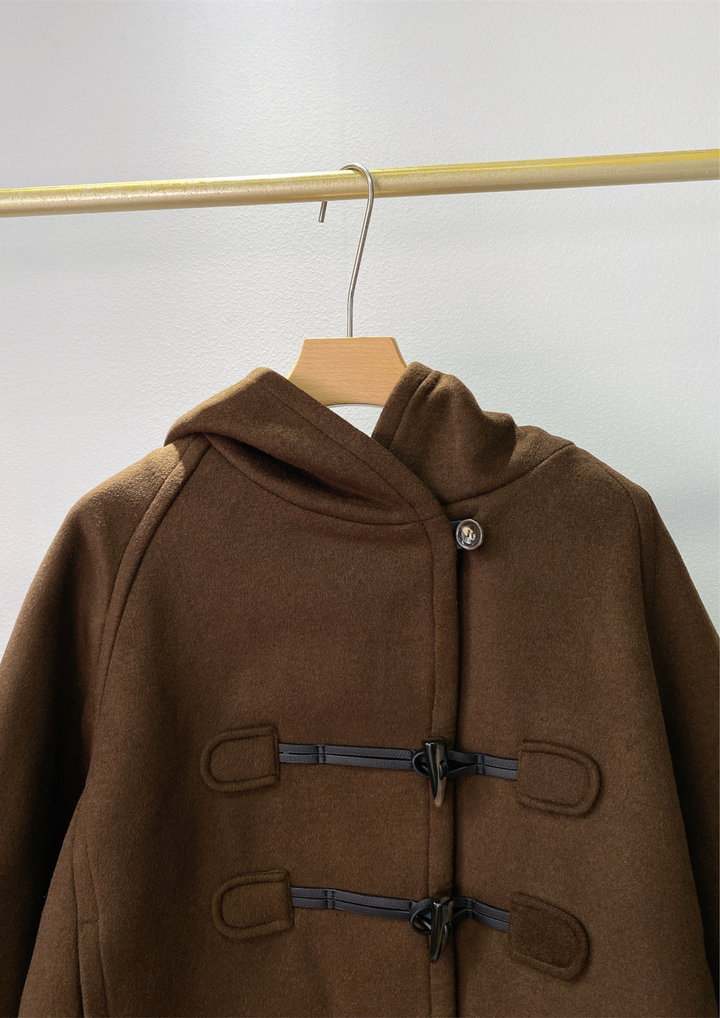 Hooded Toggle  Dark Brown Wool Coat Jacket