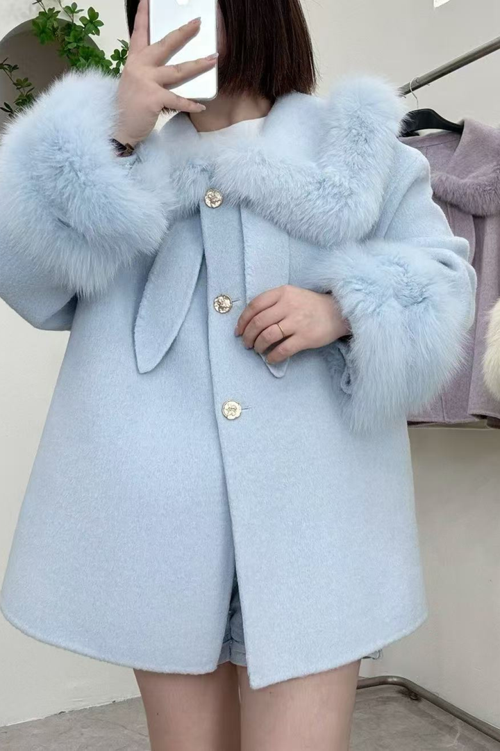 Pastel Plush Fur Collar Cuff Swing Wool Coat