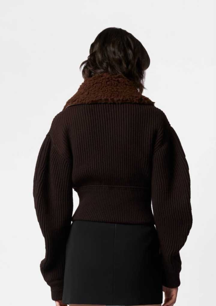 Shearling Collar Knit Zip Jacket