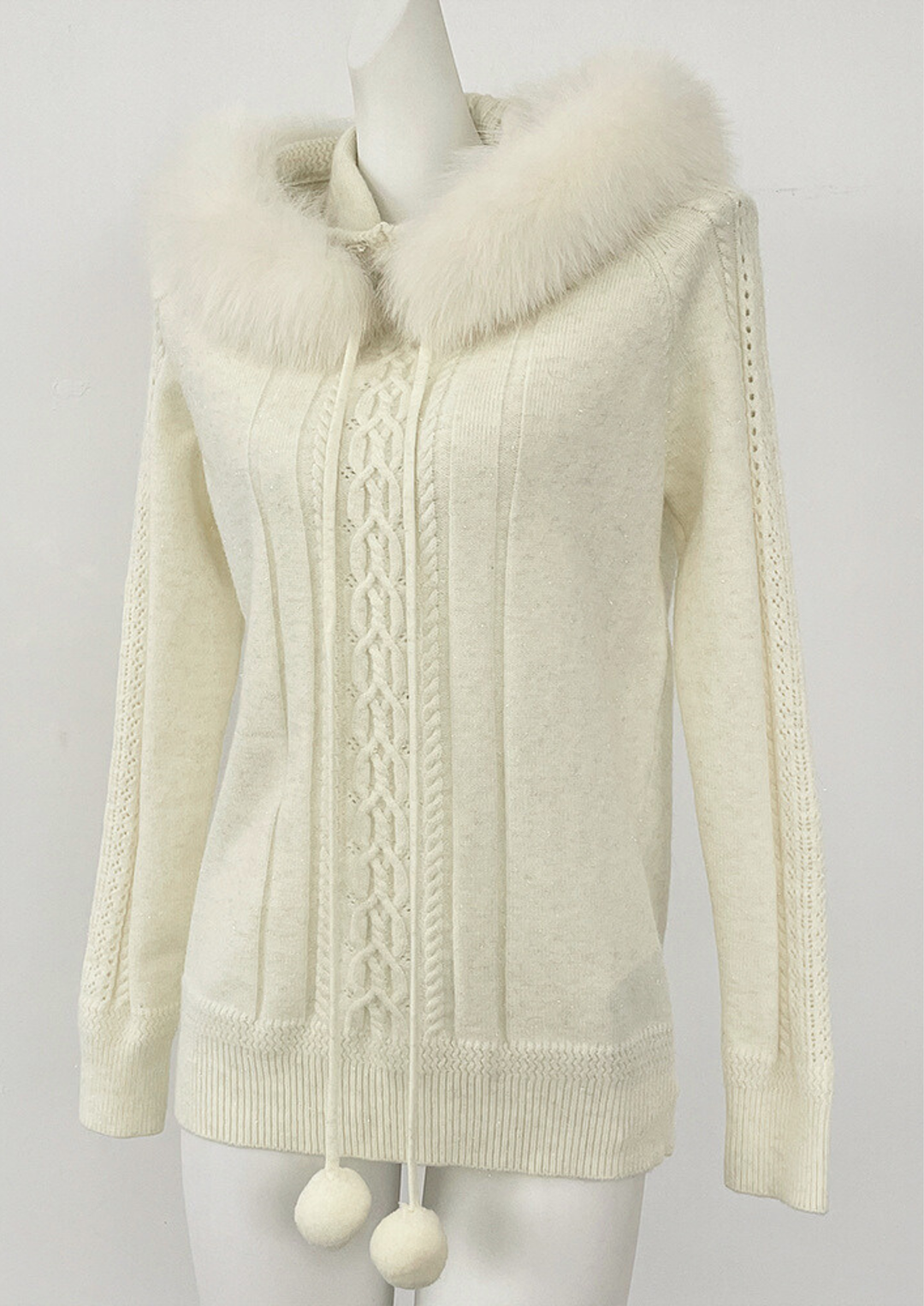 Ivory Fox Fur Collar Wool Knit Hoodie Top
