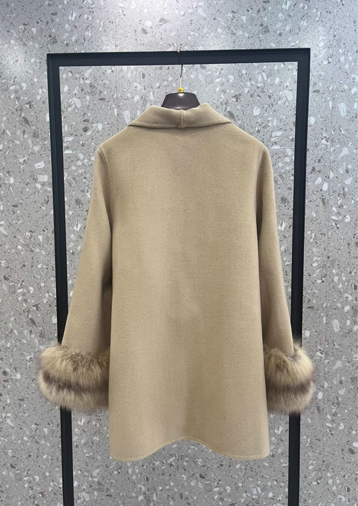 Mid-Length Real Fox Fur Cuffs Wool Coat