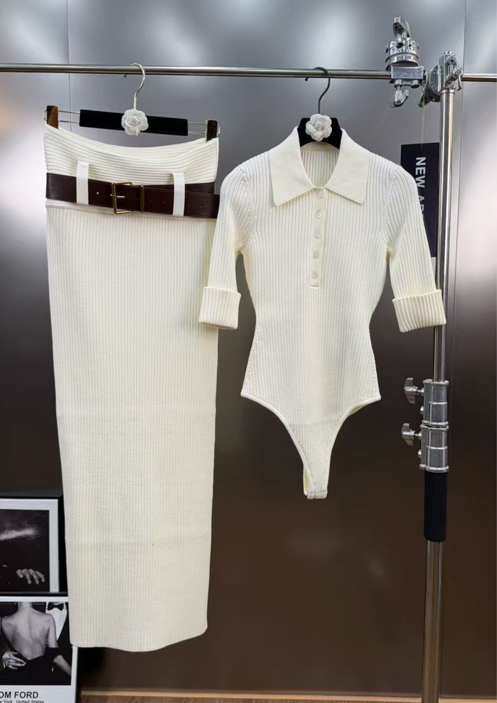 Alina Rib Knit belted Skirt Bodysuit Set