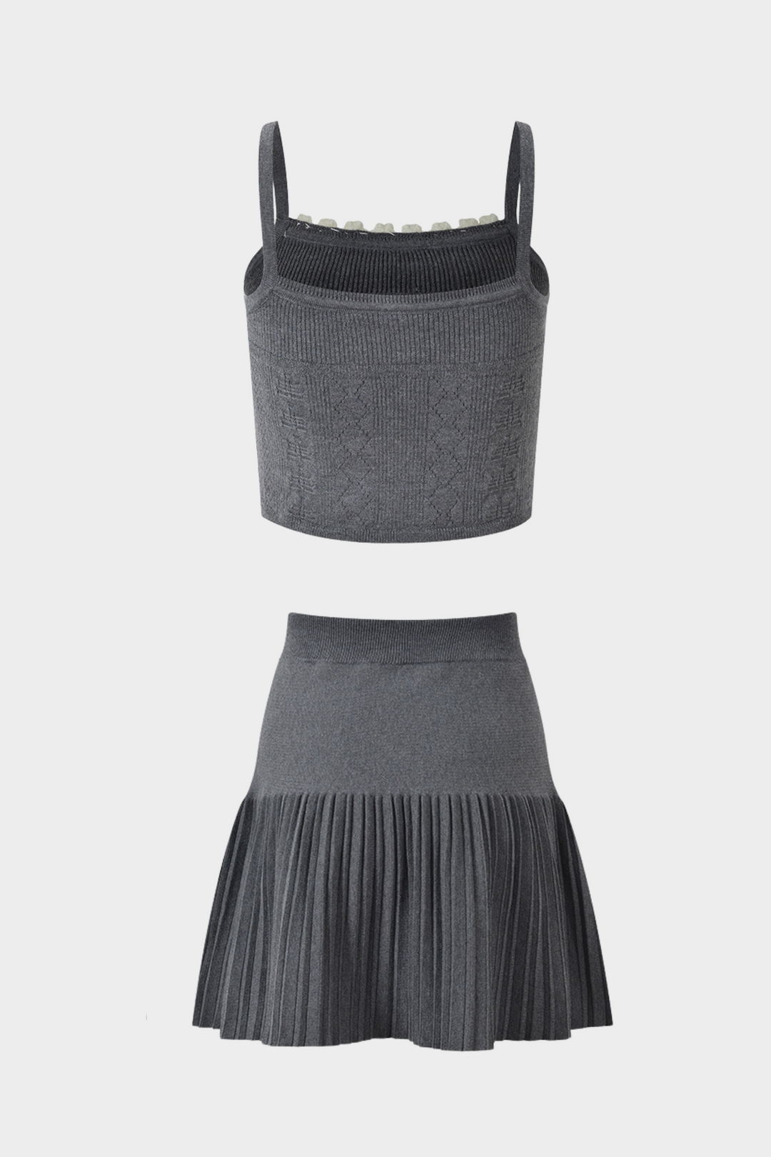 Grey Pleated Mini Skirt with Pearl Flower Waistline