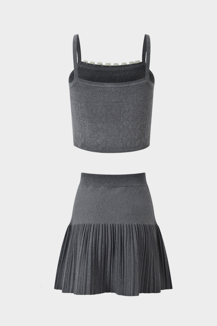 Grey Pleated Mini Skirt with Pearl Flower Waistline