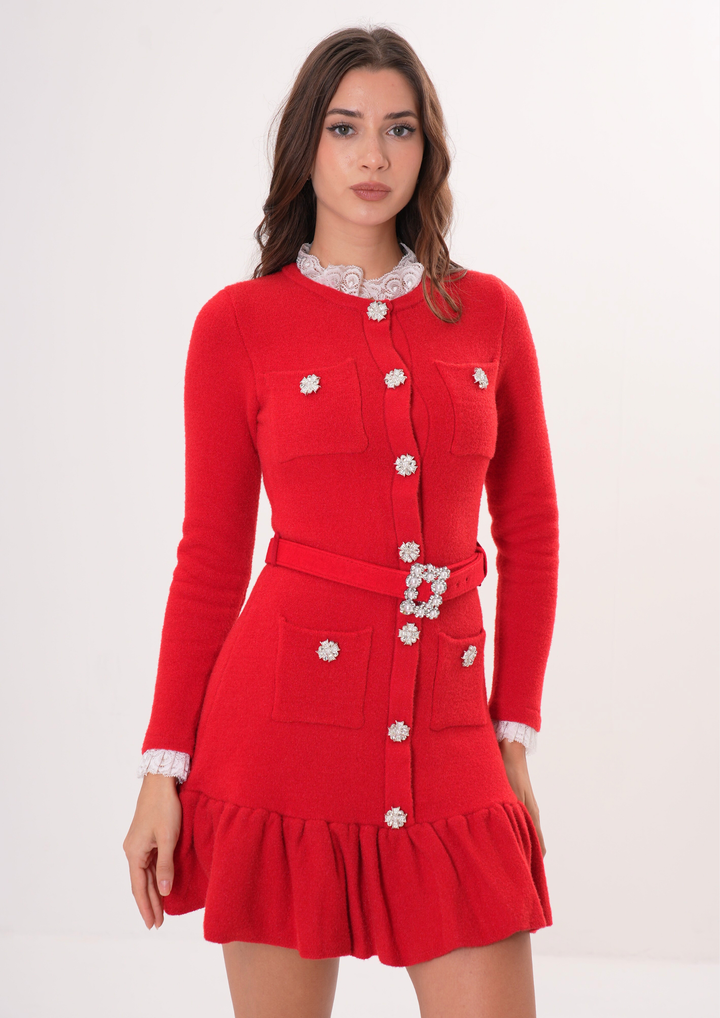 Royale Knit Pearl Belted Mini Dress