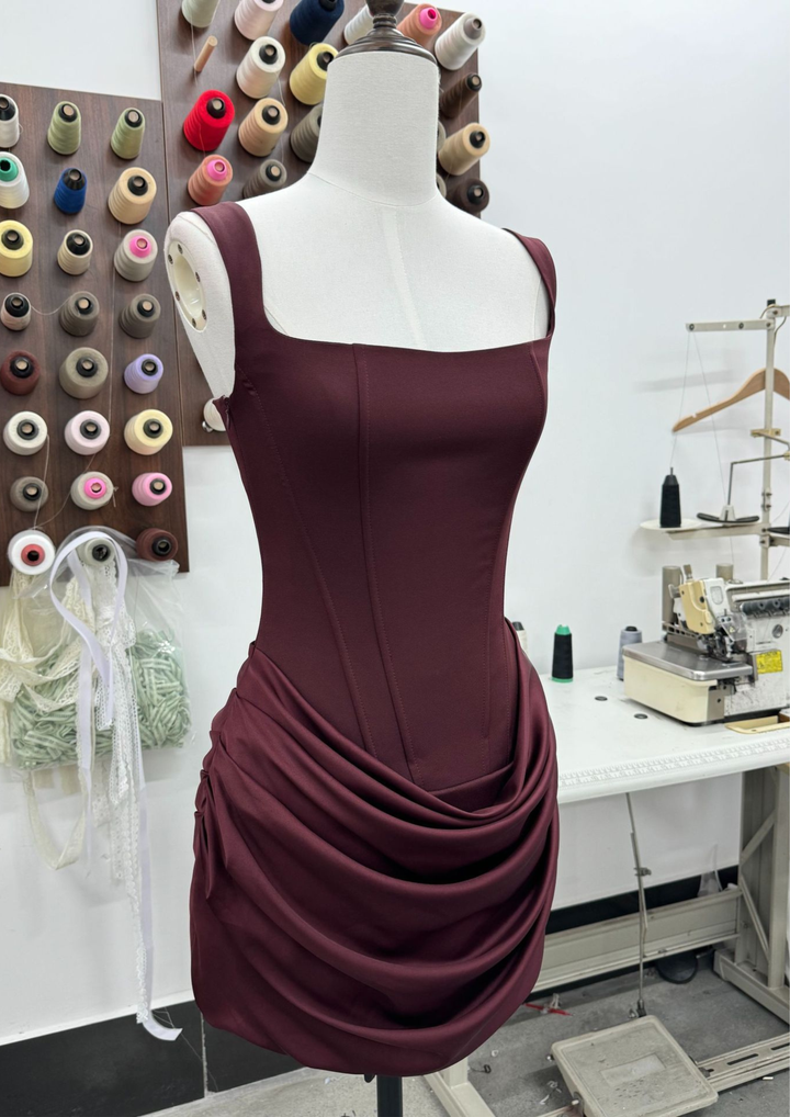 Draped Waist Sculpt Back Lace Mini Dress