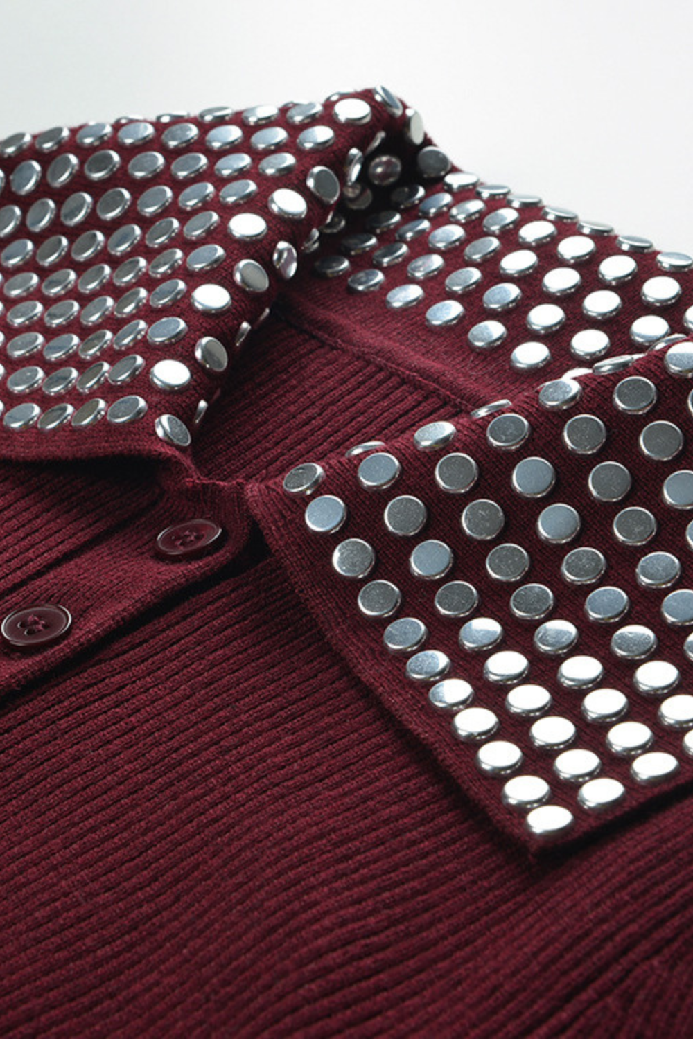 Elegant Burgundy Stud Collar Ribbed Wool Polo Top