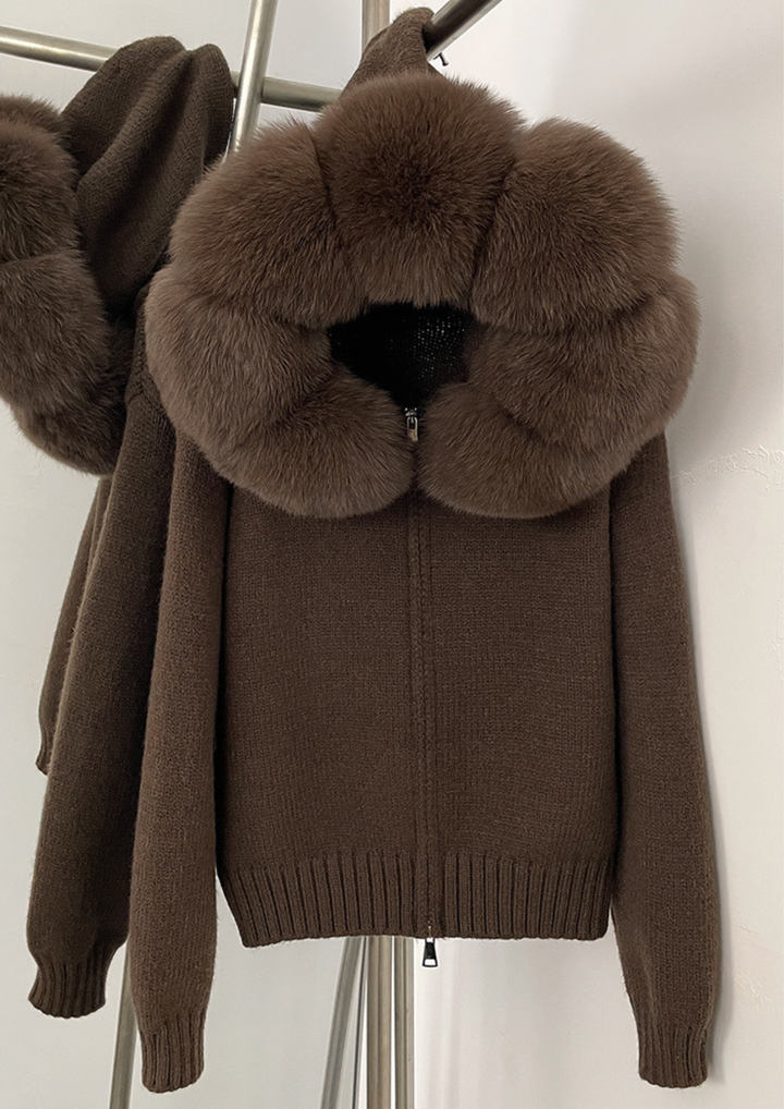 Large Fur Collar Hooded Zipper  Jacket Top