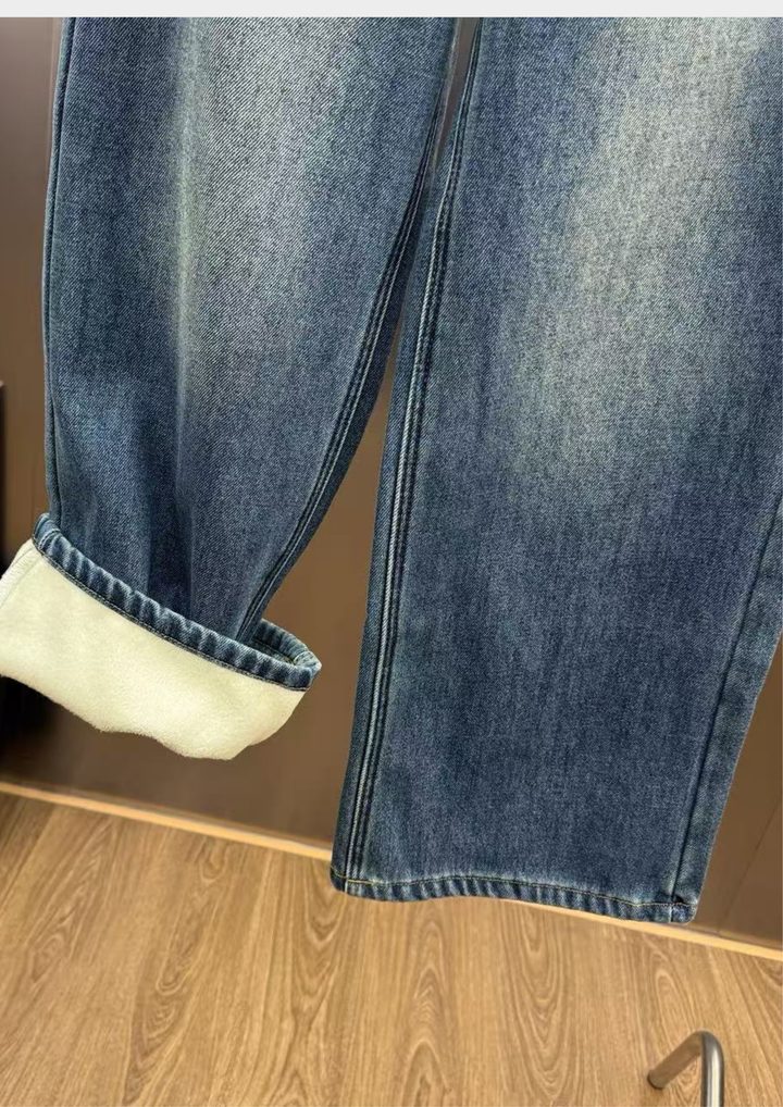 Jolie Denim Fur Collar Jacket  Fleece Lined Straight Jeans Set