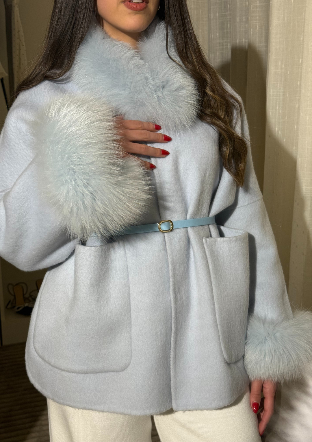 Luxe Double Faced Fox Fur Cuffs Wool Coat