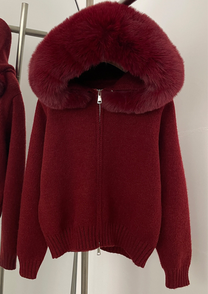 Fox Fur Collar Soft Wool Hooded Cardigan Top