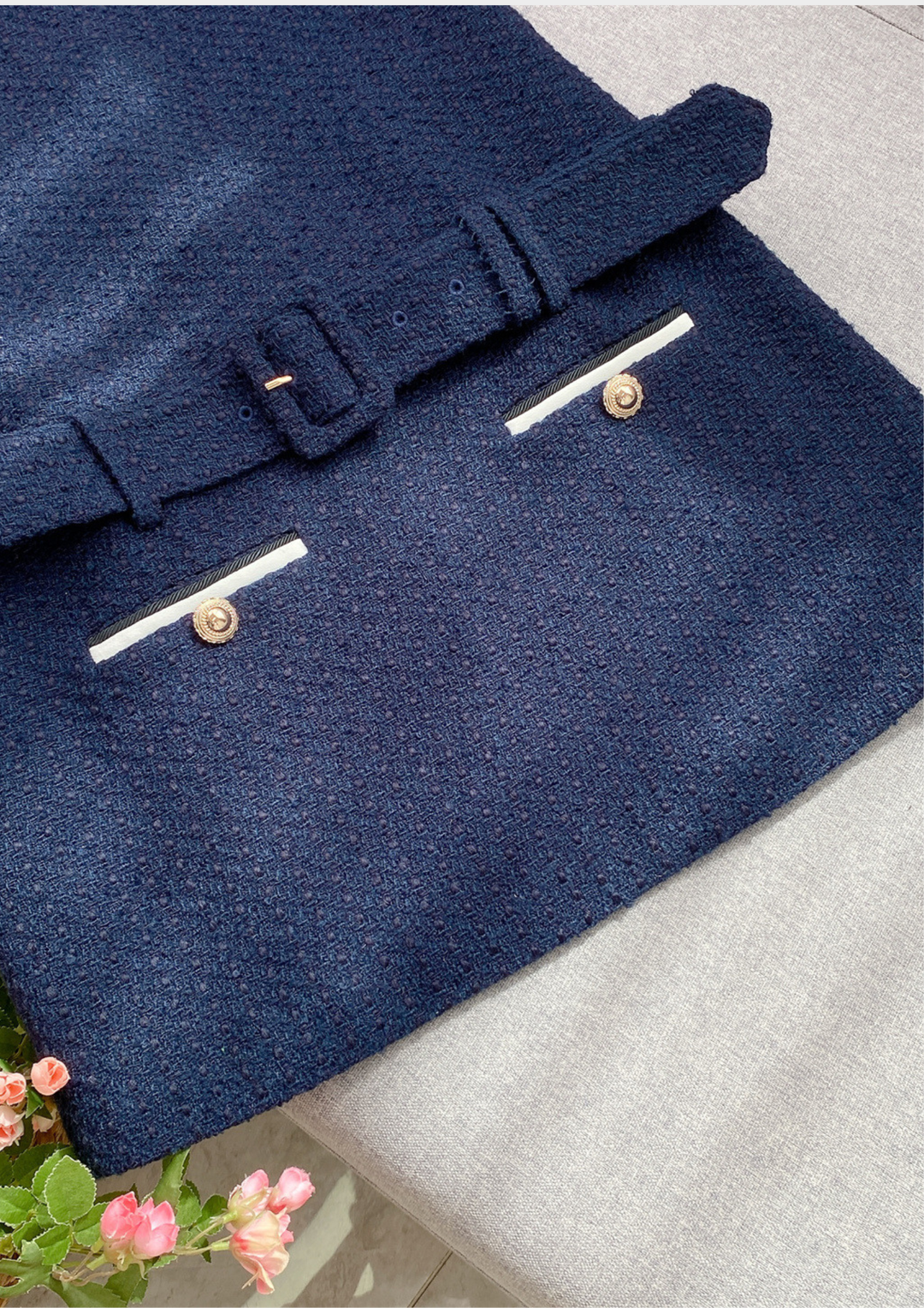 Navy Tweed Elegant Belted Mini Dress