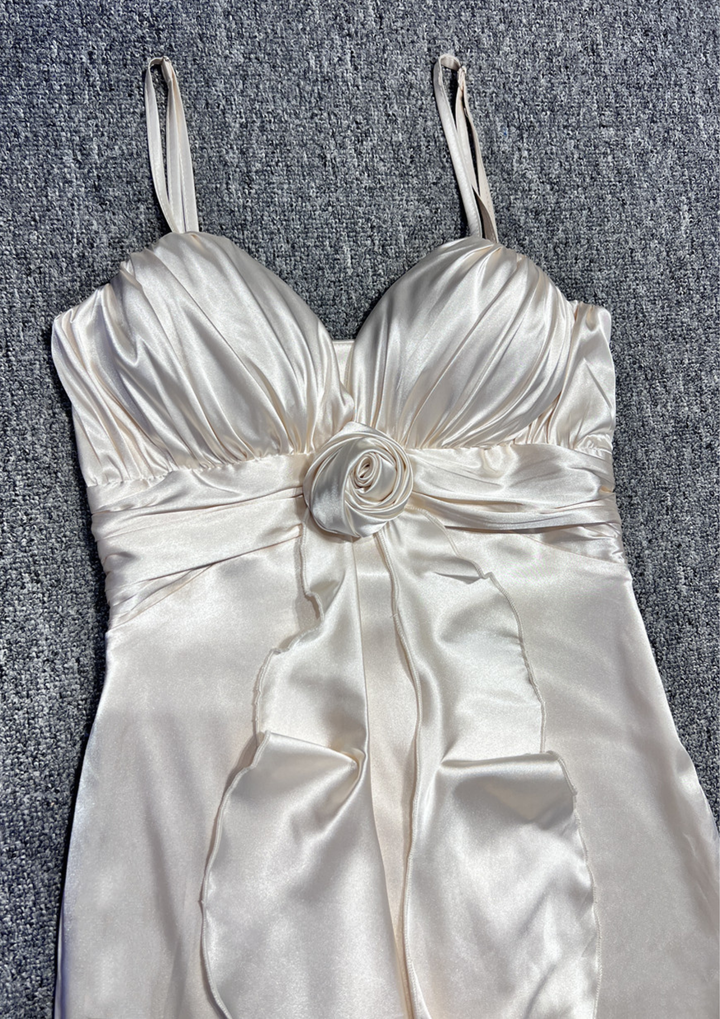 Ivory Rosette Draped Satin Maxi Dress