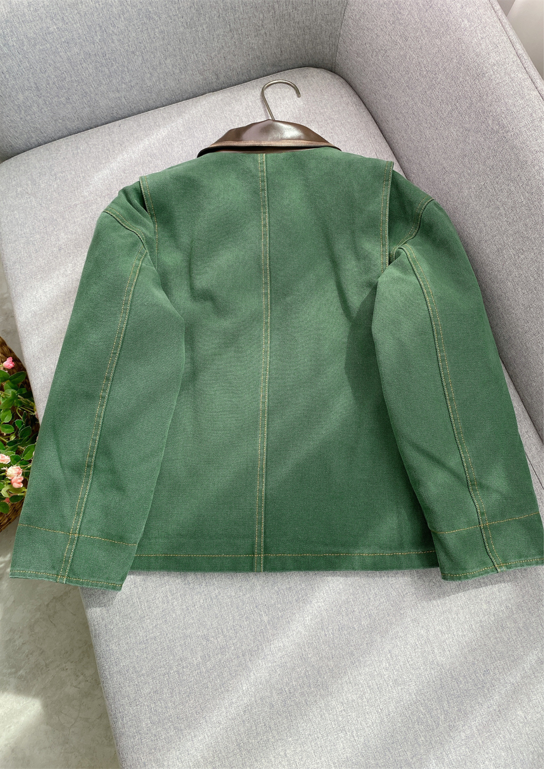 Leather Collar Casual Denim Green  Jacket