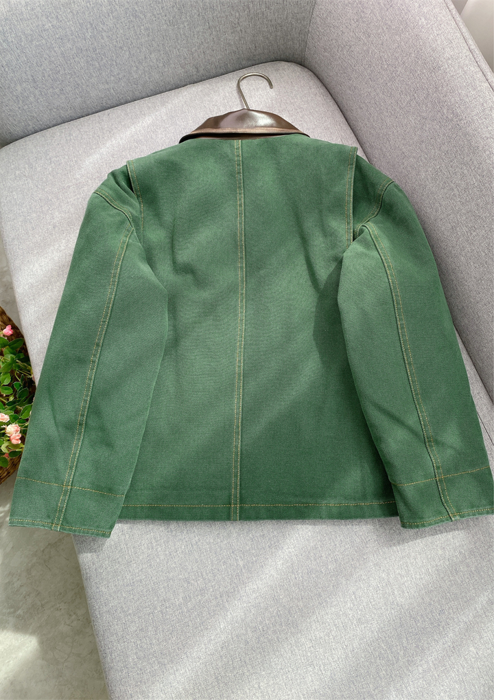 Leather Collar Casual Denim Green  Jacket