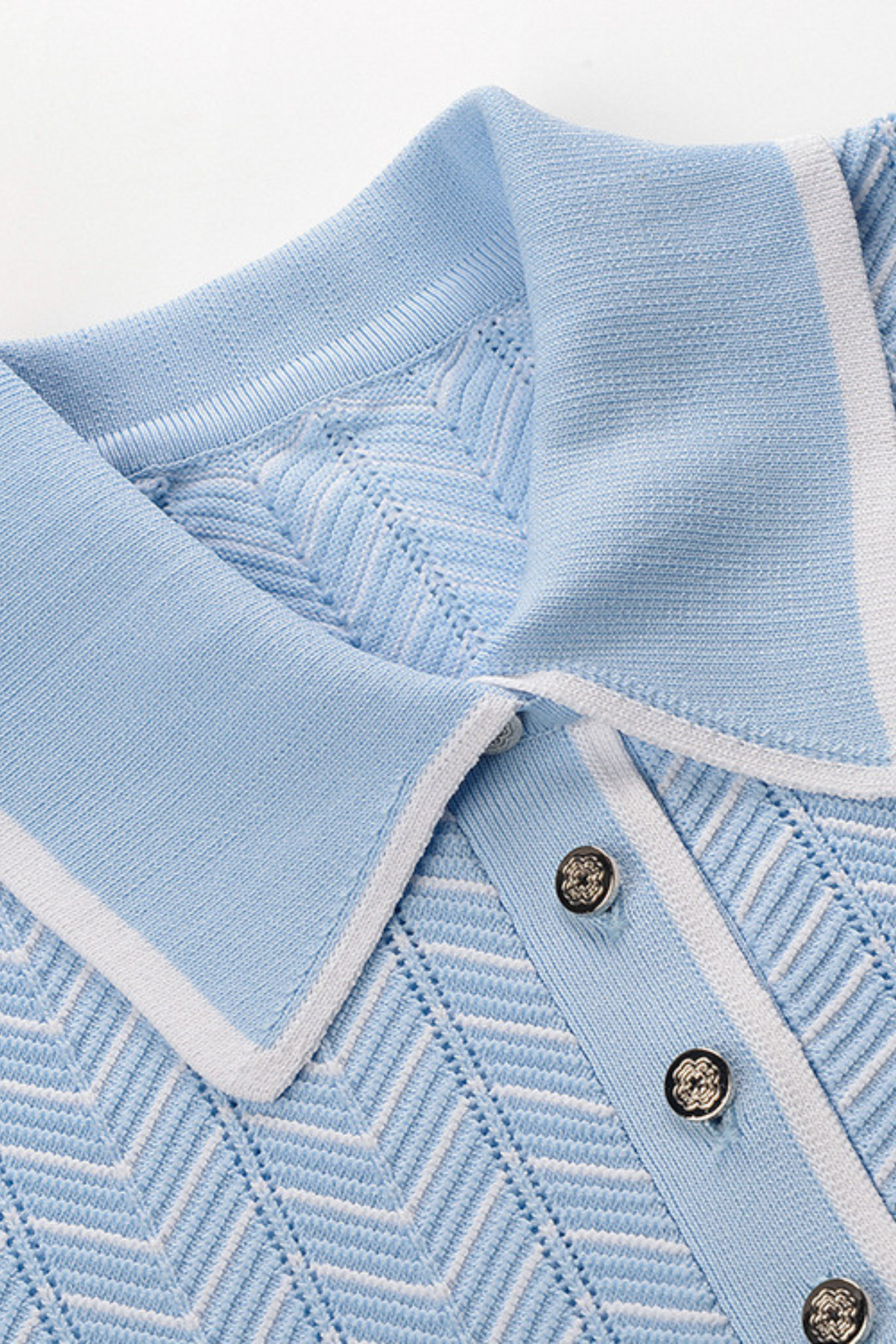 Skyline Chevron Viscose Polo Knit  Light Blue Textured Top